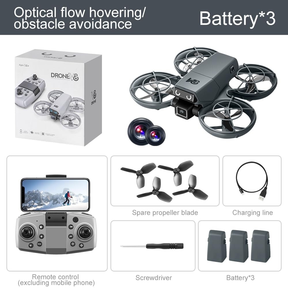 V86 RC Drone with 3 Batteries 90° Electrically Adjustable Camera, Black