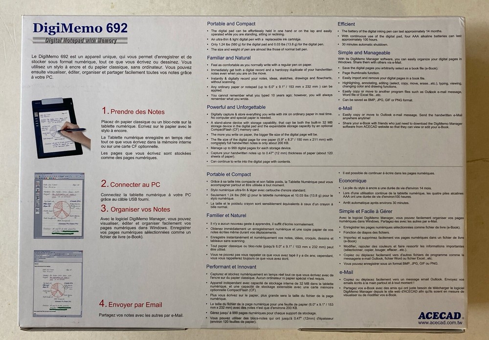 ACECAD DigiMemo 692 Digital Notepad Write On Paper e-Mail Factory Sealed