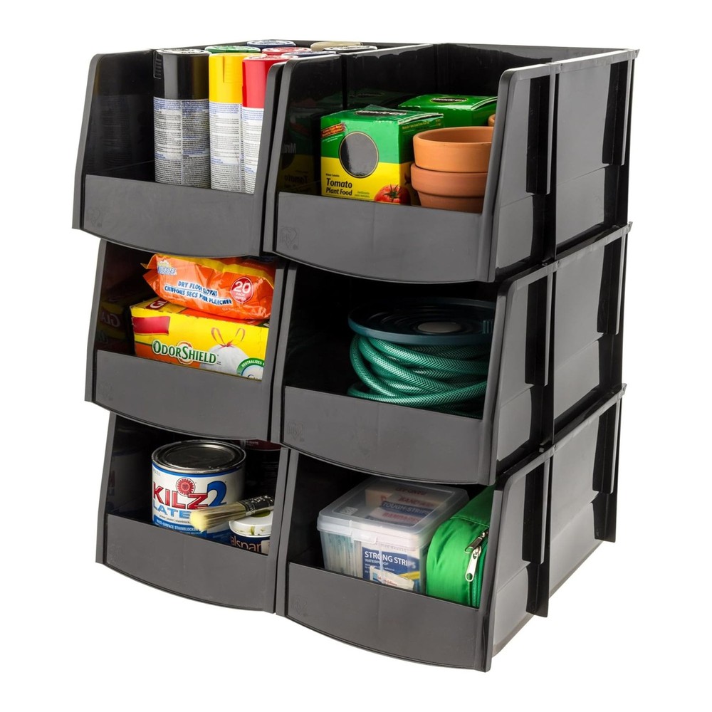 IRIS USA 12 Pack Stackable Plastic Storage Bins Organizer, Garage, Jumbo, Black