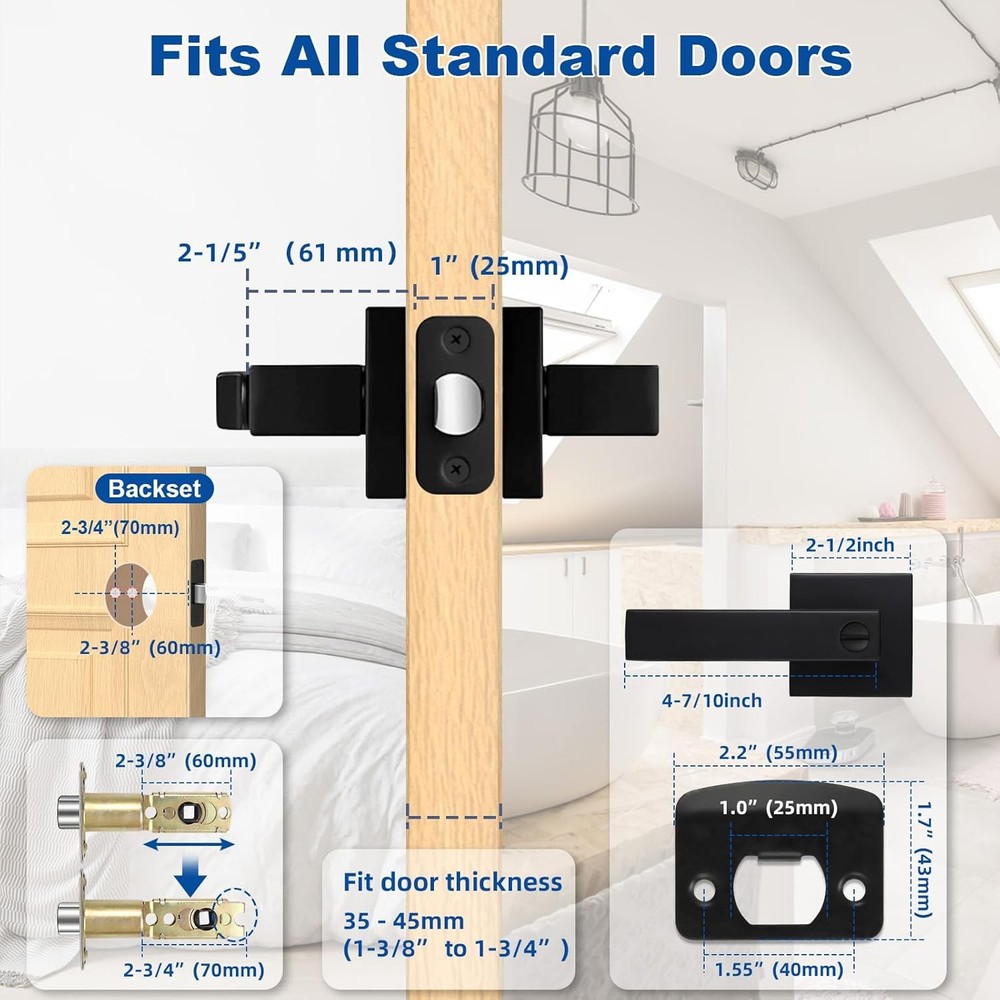 1 Pack Door Handle Black Interior Door Knobs, Keyless Privacy Door Lock