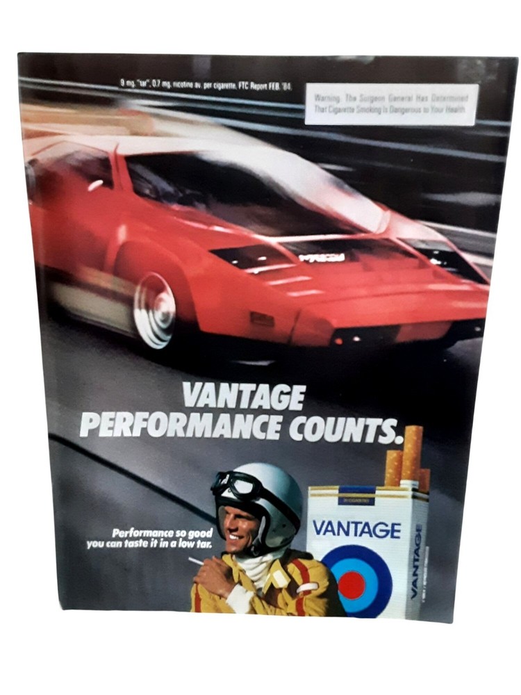 1985 Vantage Cigarettes Performance Counts Car Print Ad