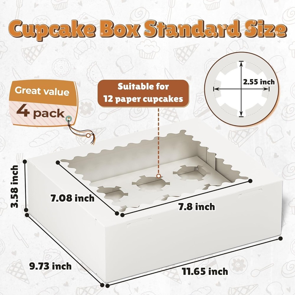 4 Pack Cupcake Boxes, Hold 12 Standard Cupcakes, Cupcake Containers with Wind...