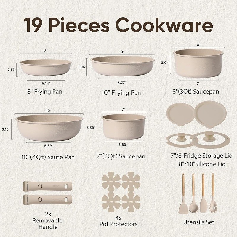 Detachable Handle Nonstick Cookware Set Pots Pans Easy Storage Induction 19pcs
