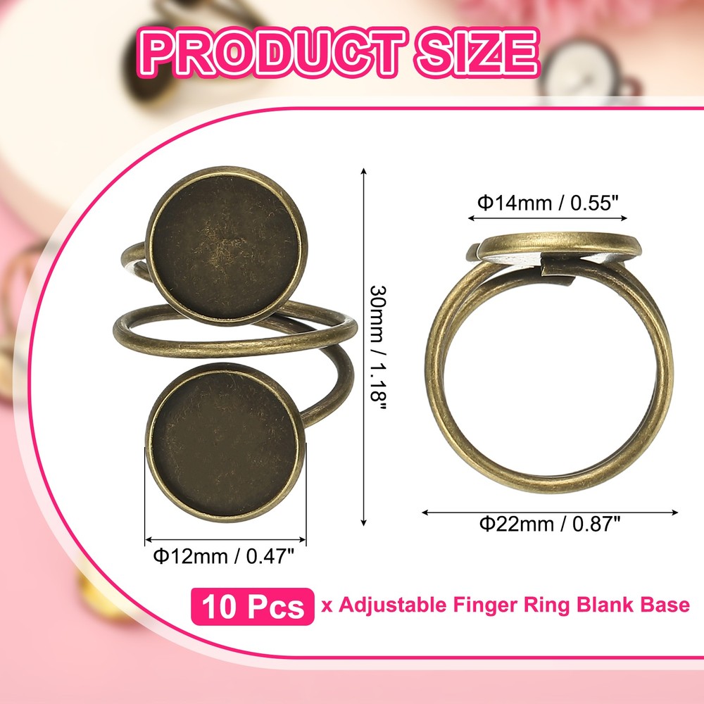 Ring Blank, 10 Pcs Adjustable Finger Ring Blank Base 12mm, Bronze