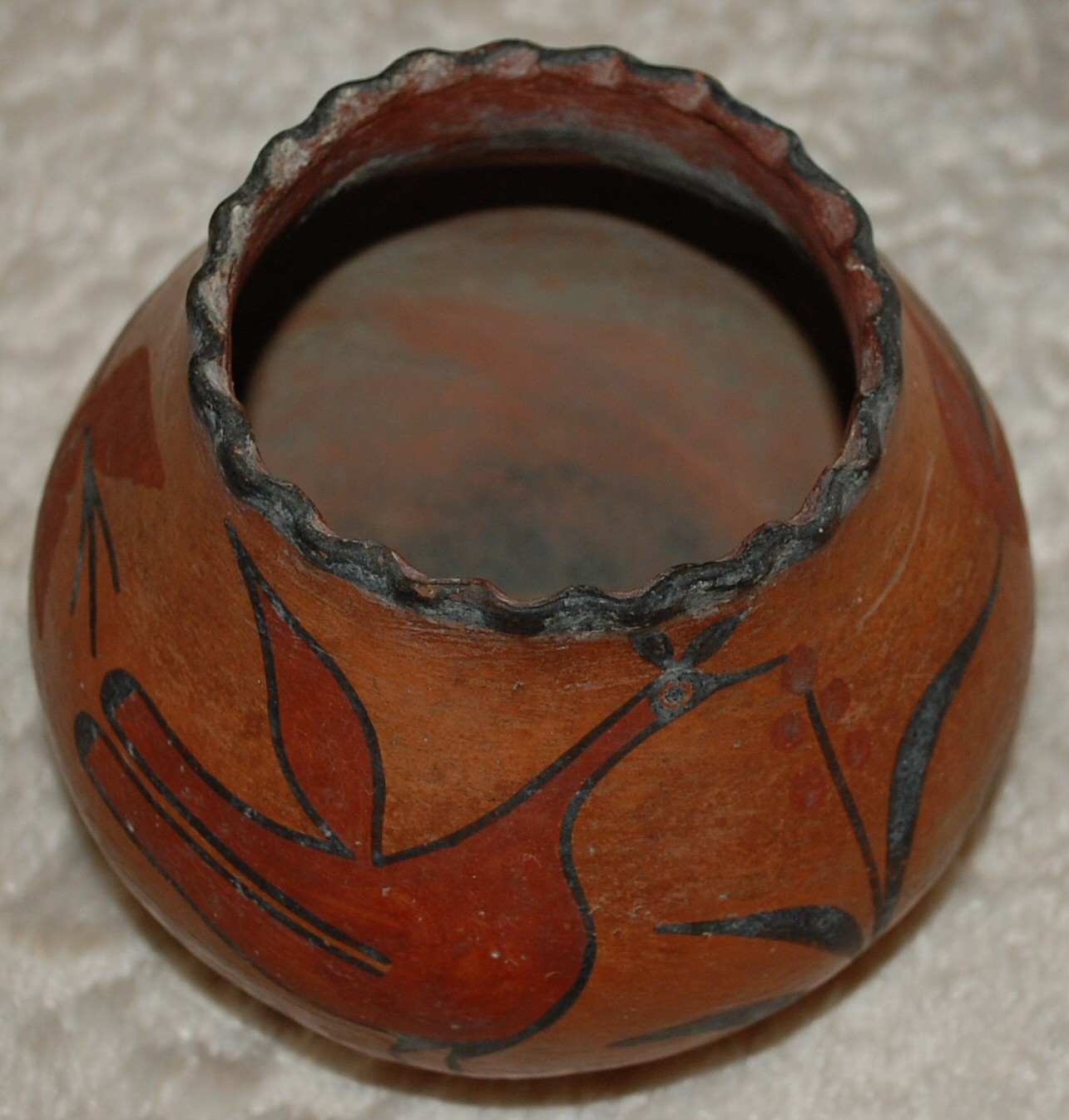 Early 1900-1920 Zia Pottery Jar with Bird and Flower figures- 6" diameter -Solid