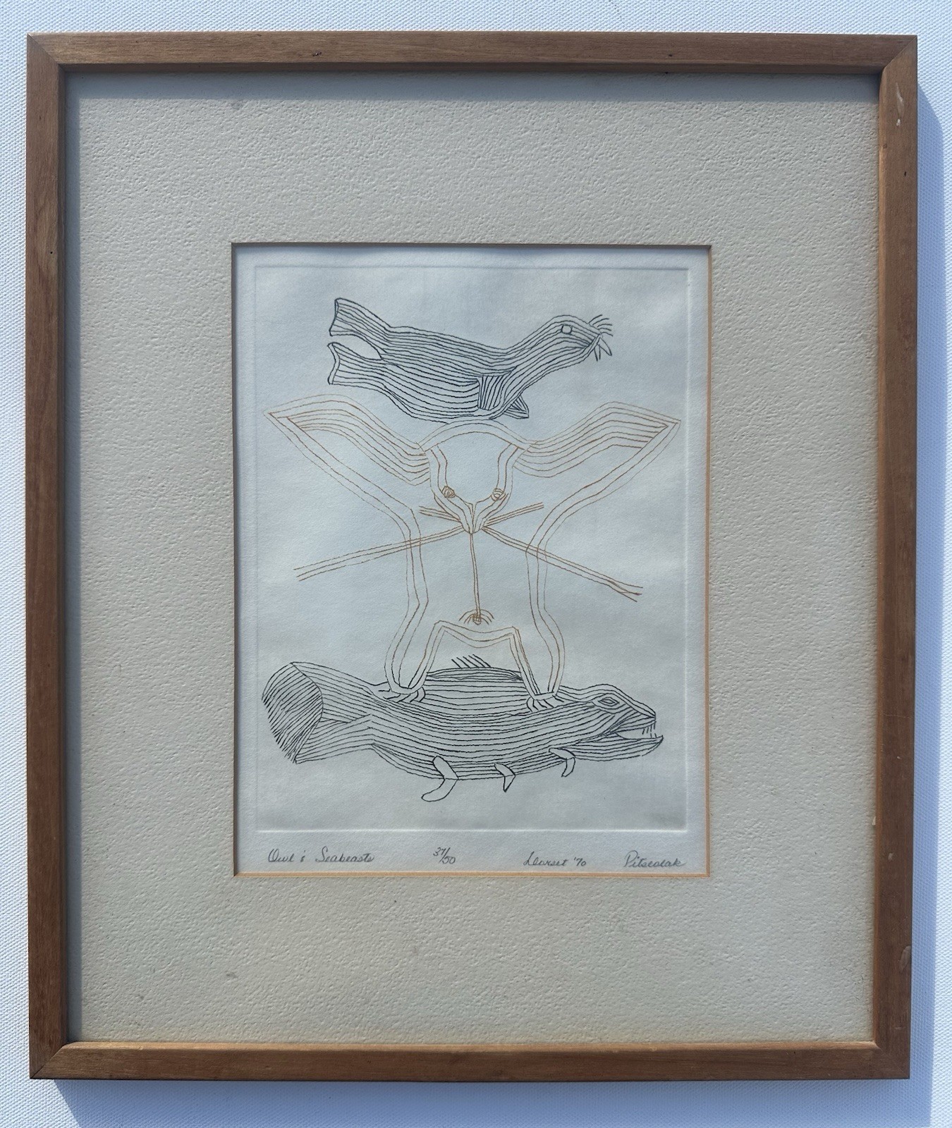 1970 Pitseolak "Owl and Sea Beasts" 37/50 Cape Dorset Native Rare American Art