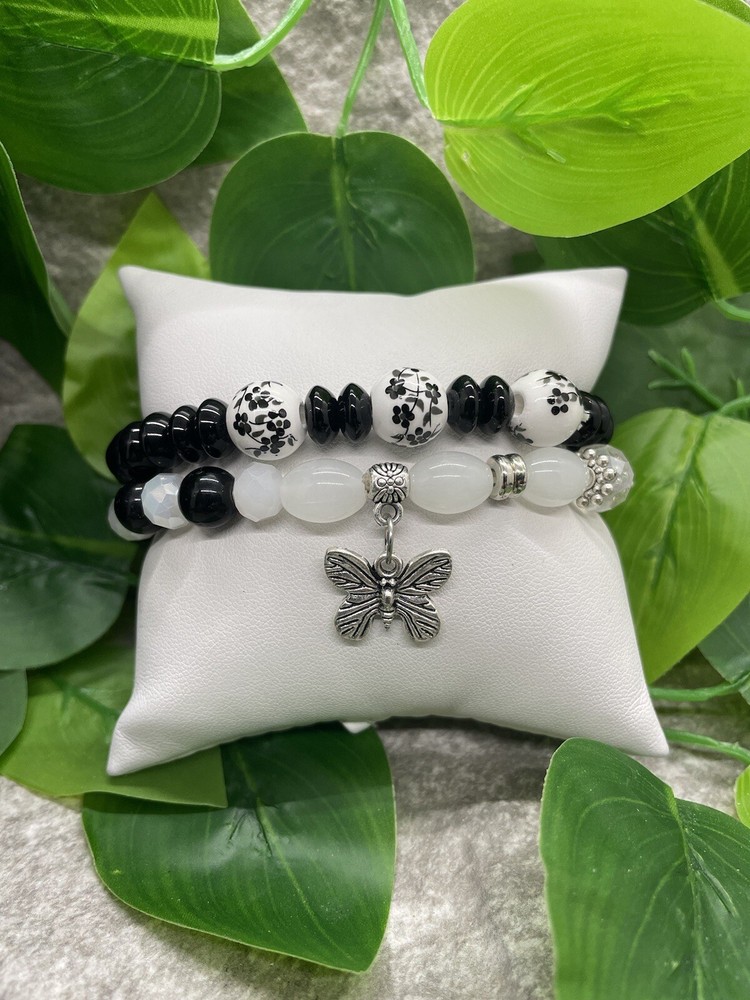 2 PC Handmade Beaded Stackable 6.5” Plus Stretch Bracelet Set Butterfly A4580