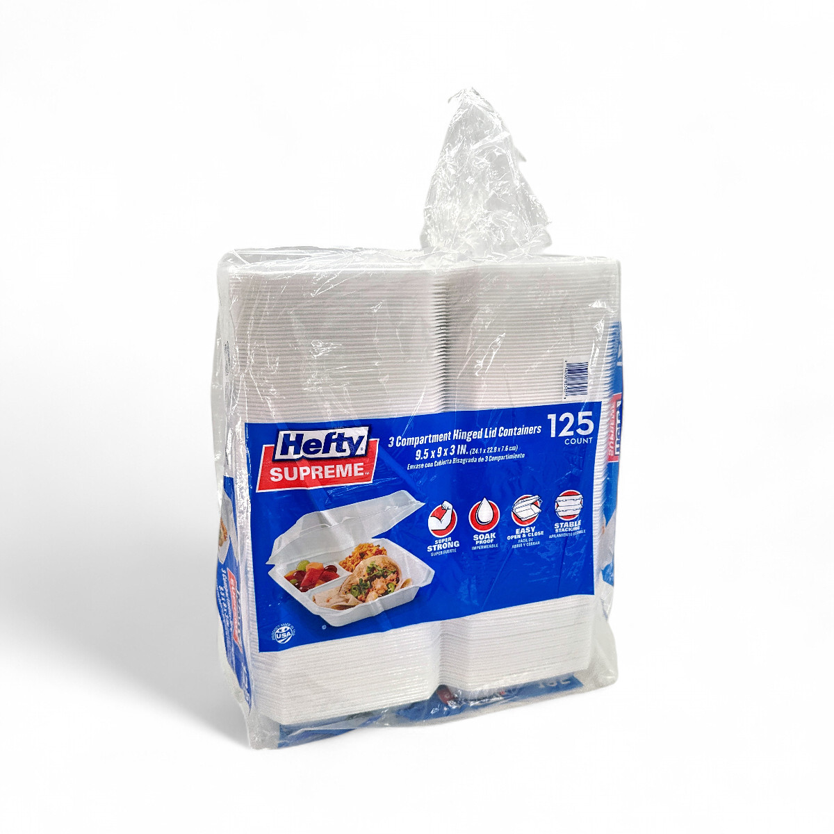 Hefty Supreme Foam Hinged Lid Container, 3-Compartment - 125 Count