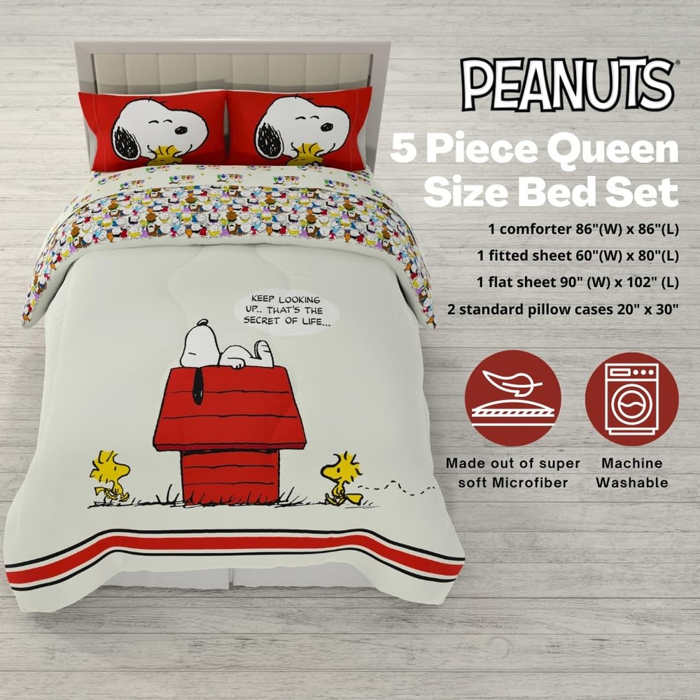 Peanuts Snoopy 5 Piece Queen Size Bedding Set Reversible Comforter Sheets
