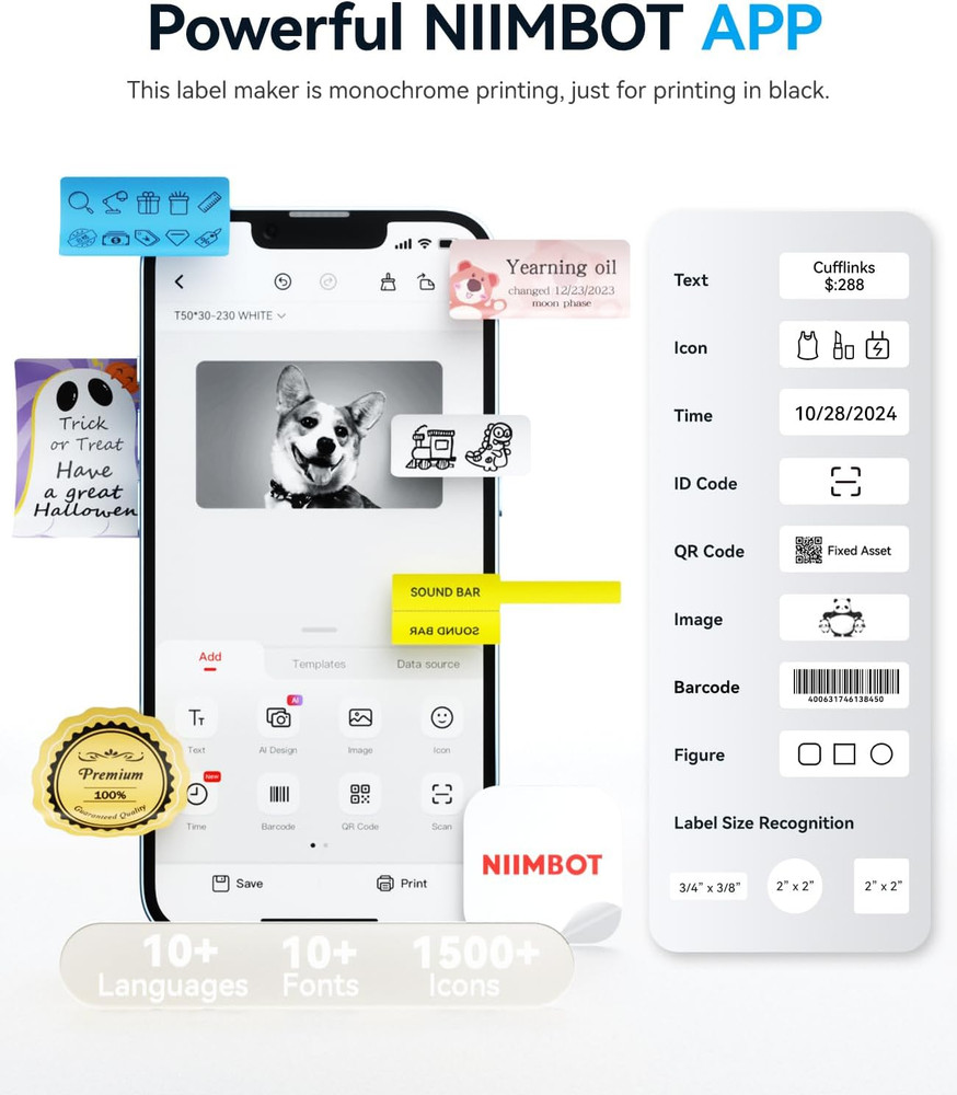 B1 Label Maker Machine with Tape, Label Printer with 3 Rolls Stickers,