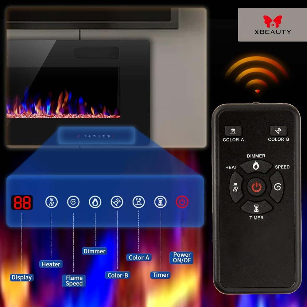 36" Electric Fireplace with Timer/Multicolor Flames/Touch Screen/Remote Control