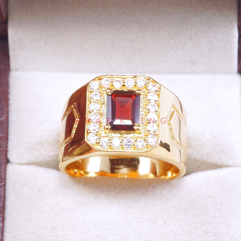 Garnet Emerald Cut With 14K Solid   Gold  Ring For Men's #E523