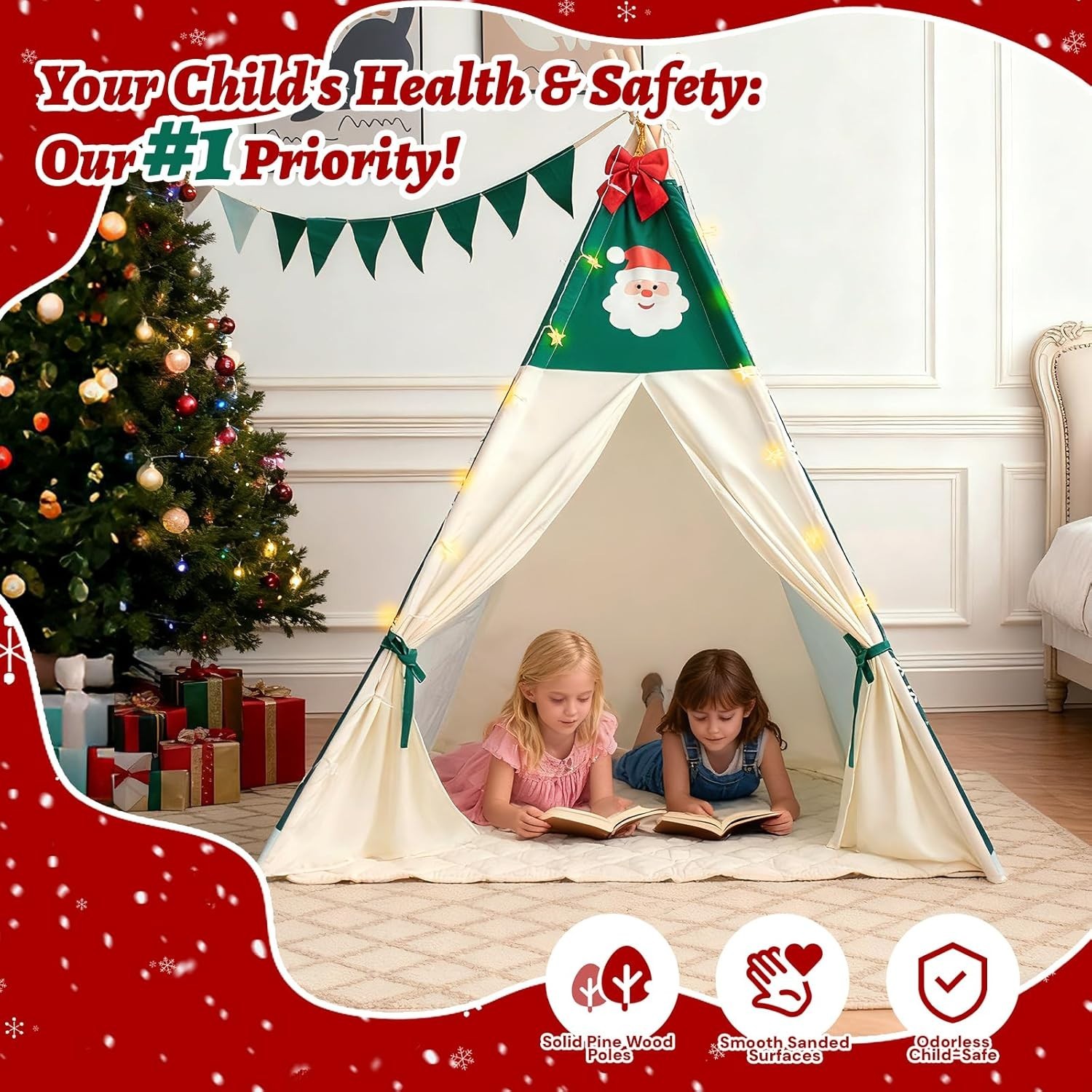 Versatile Kids Teepee Tent with Padded Mat & Star Lights - Perfect Holiday Gift