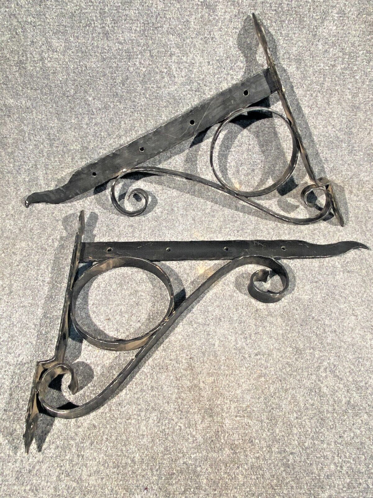 2 VTG IRON HOOK WALL BRACKET LANTERN HANGER POT HOOK 31"x23" Hammered Large