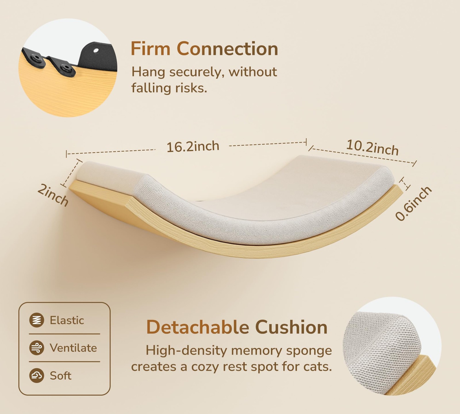 Cat Wall Shelf with Curved Hammock Bed, Wall Mounted Cat Perch with Beige Sof...