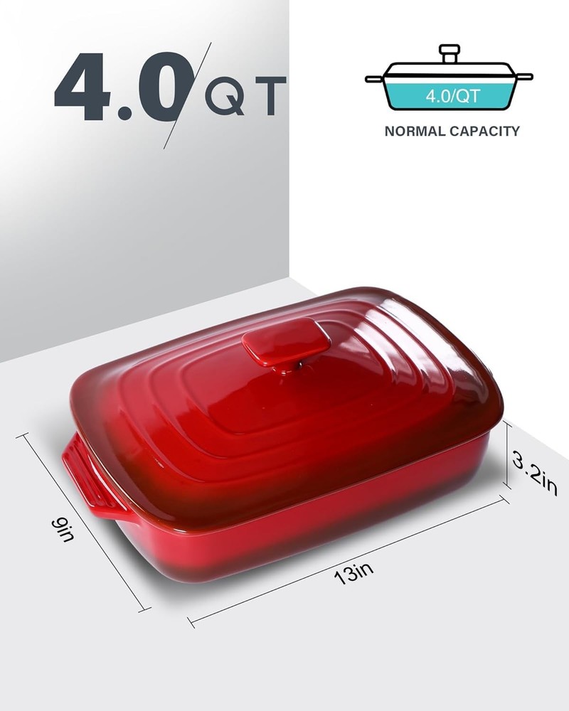 Lareina 4 Qt Ceramic Casserole Dish w/ Lid, Red Deep Rectangular Stoneware