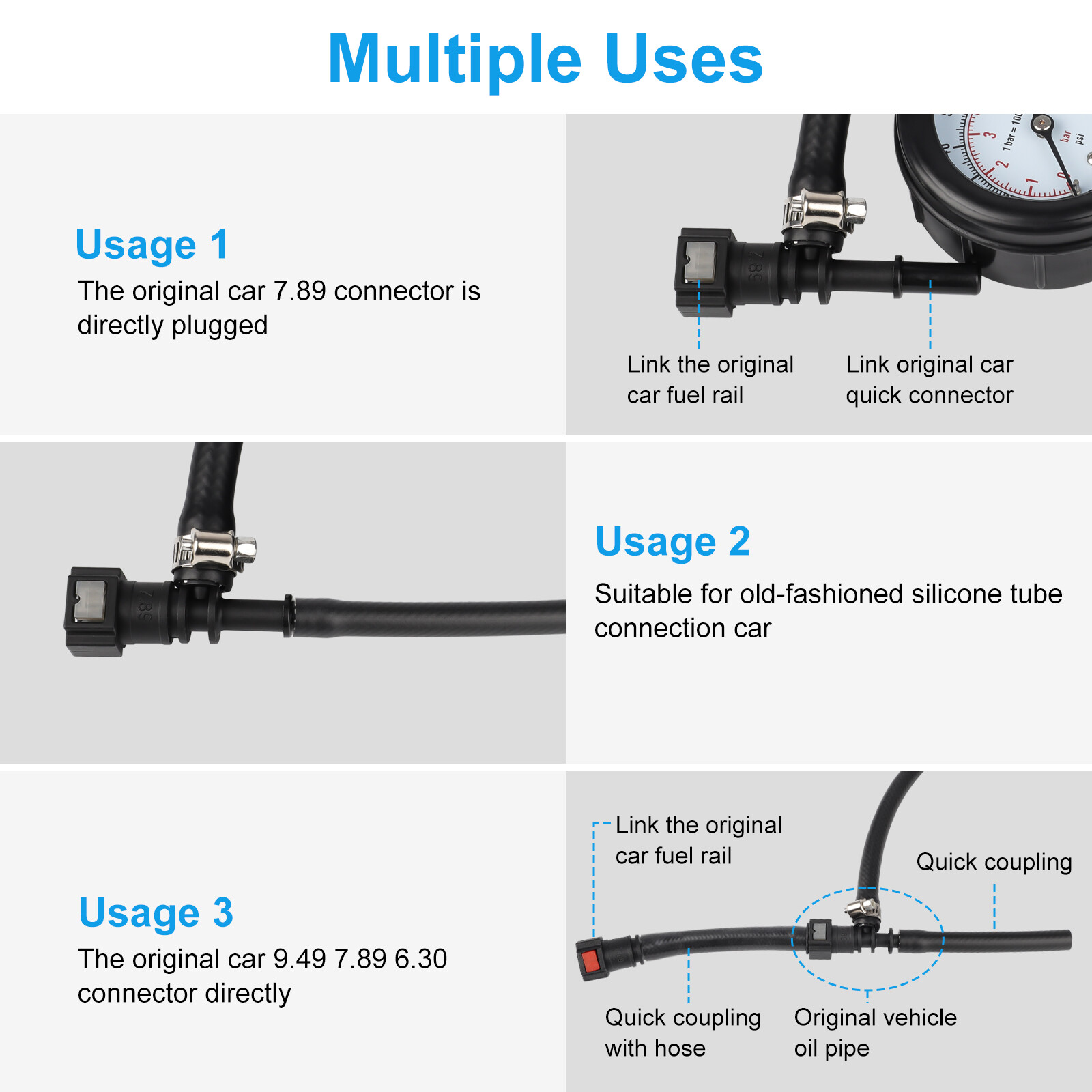 100PSI Fuel Injection Pressure Tester Gauge with 3 Quick Connectors Set for Cars