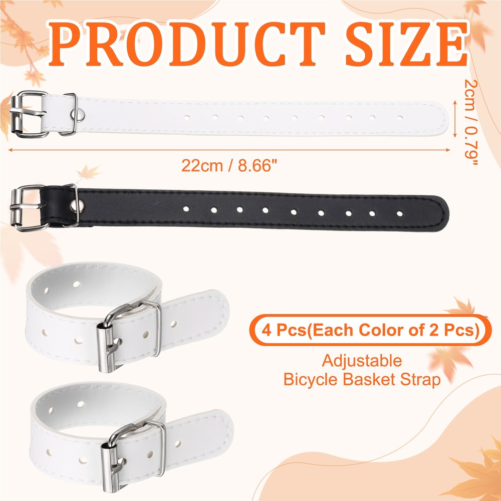 4 Pcs Adjustable Leather Bicycle Basket Strap, White/Black