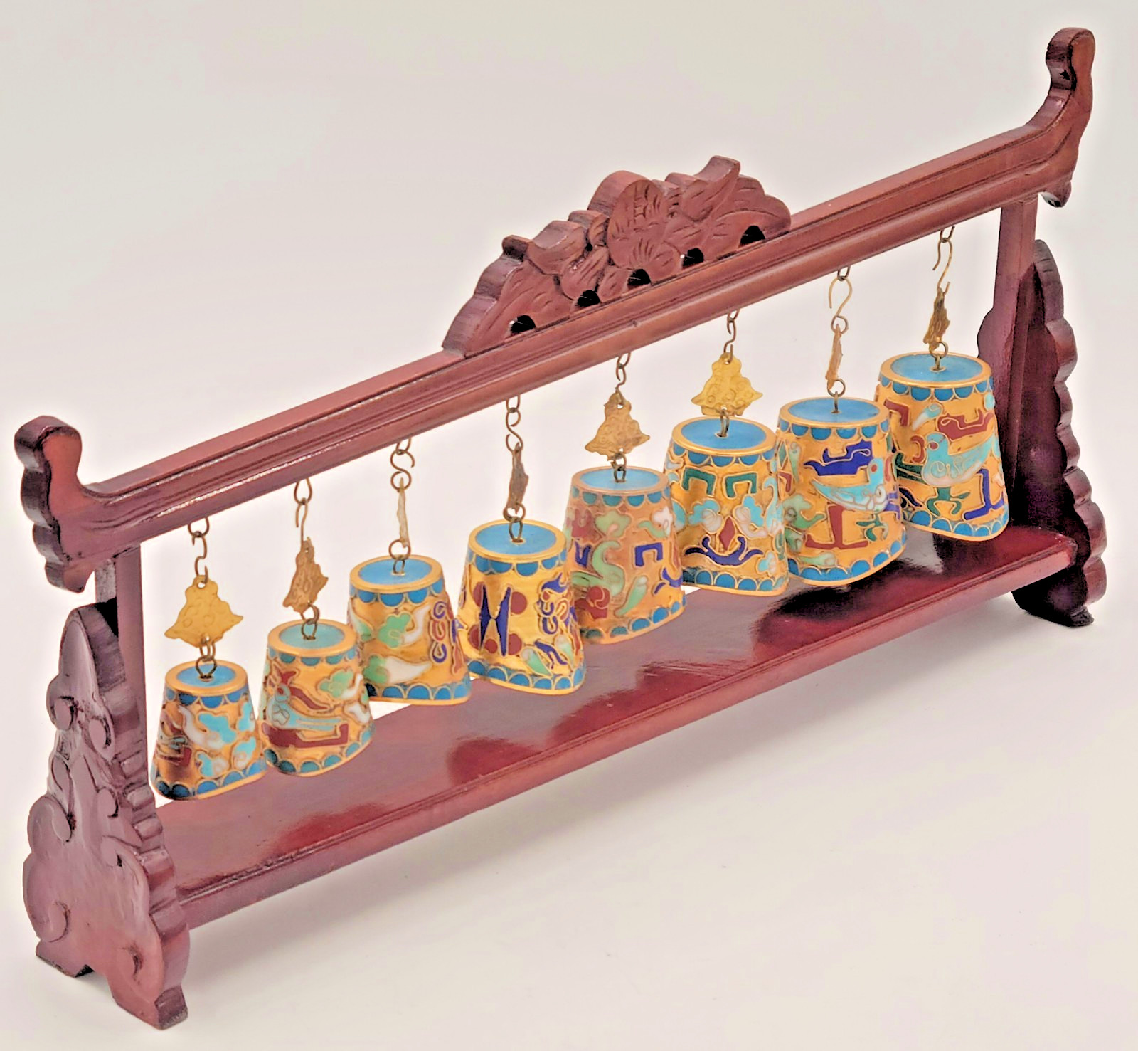 Chinese Cloisonne Graduated Musical Bell Set on Wood Carved Stand FREE SHIP