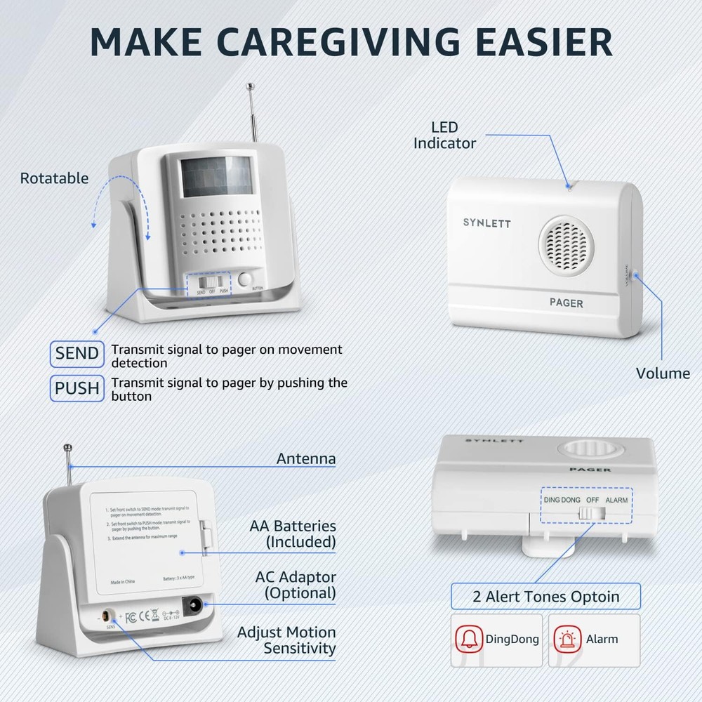 ✅ Caregiver Pager Wireless Call Buttons Motion Sensor Alarm System for Elderly ✅