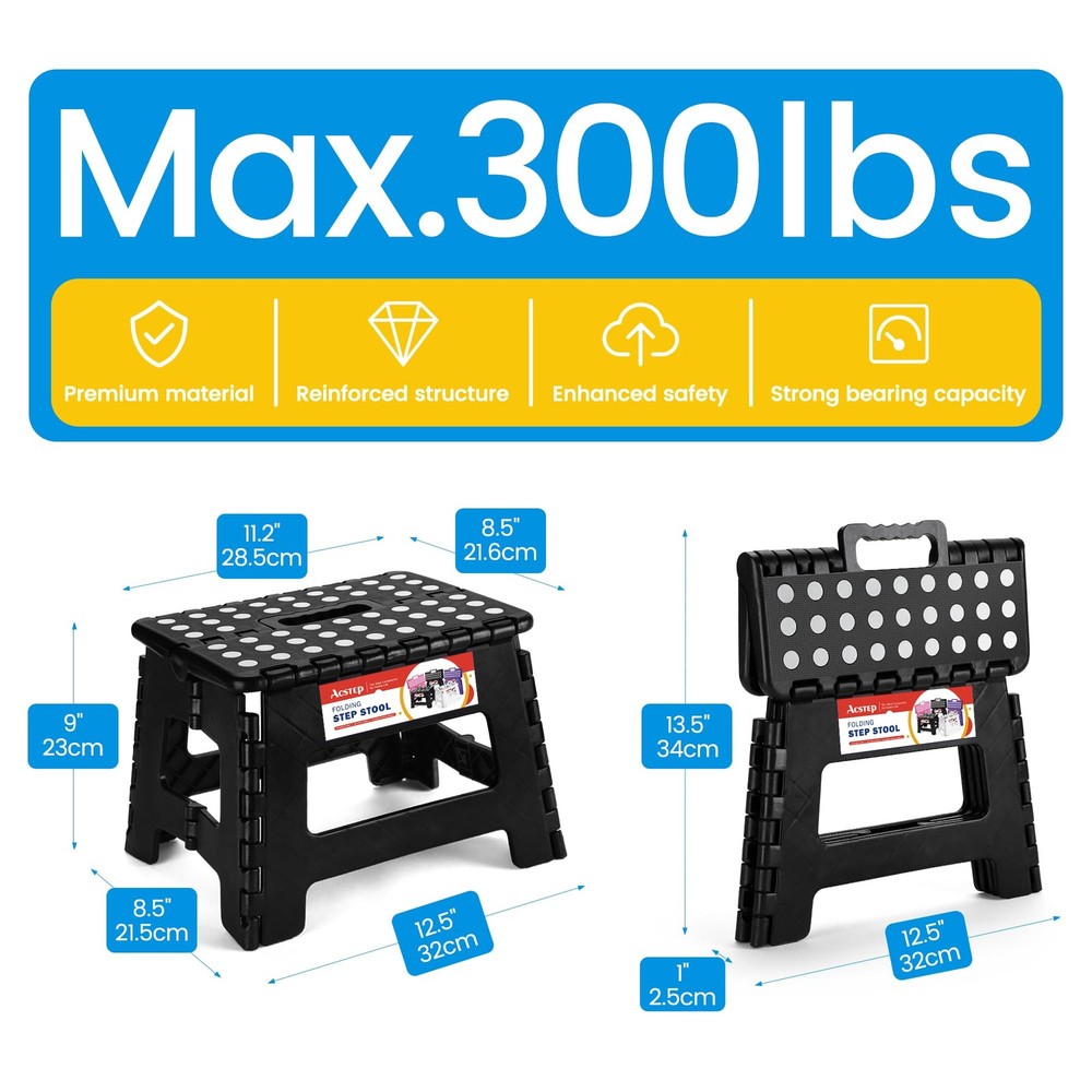 ACSTEP Folding Step Stool 9in Kids Tall Step Stool 300lb Plastic Foldable Non-Sl