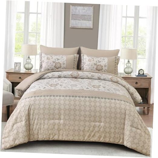 Comforter Set 7 Pieces Bed in a Bag Floral Geometric Patchwork Queen Beige