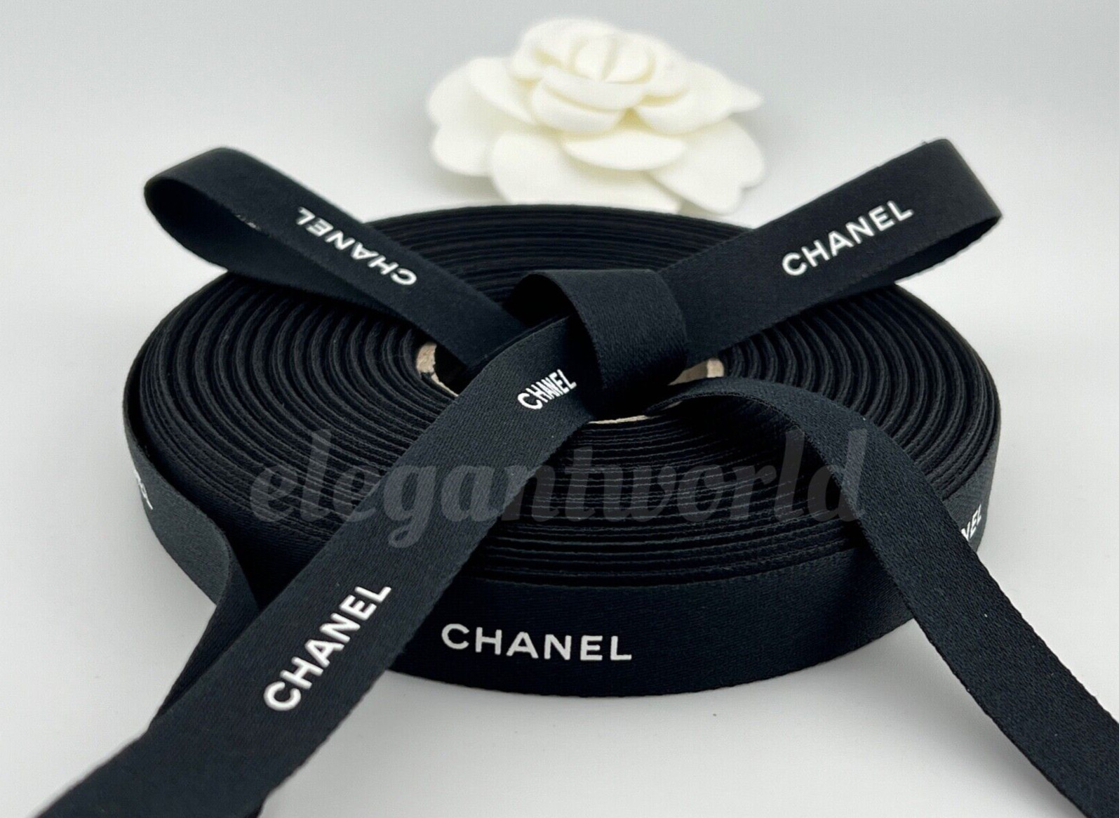 Chanel Black With White Font Gift Wrap Ribbon 1 Yard / 3 Feet (Width 1/2")