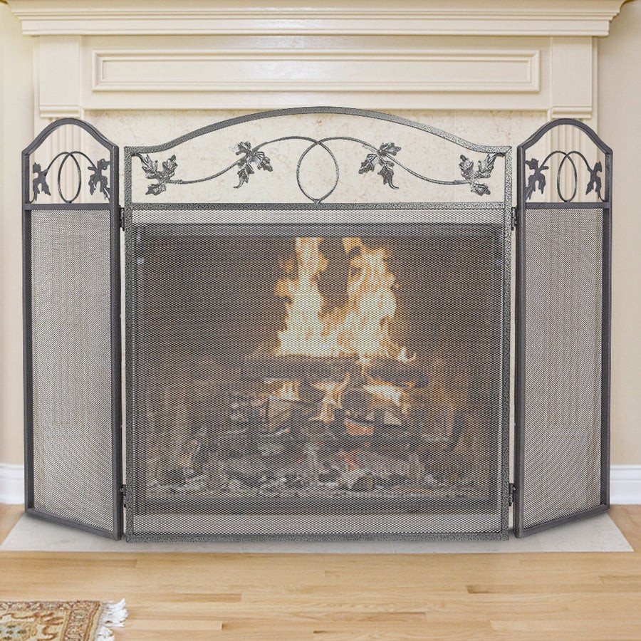 Amagabeli 3Panel Pewter Wrought Iron Fireplace Screen, Protective Mesh