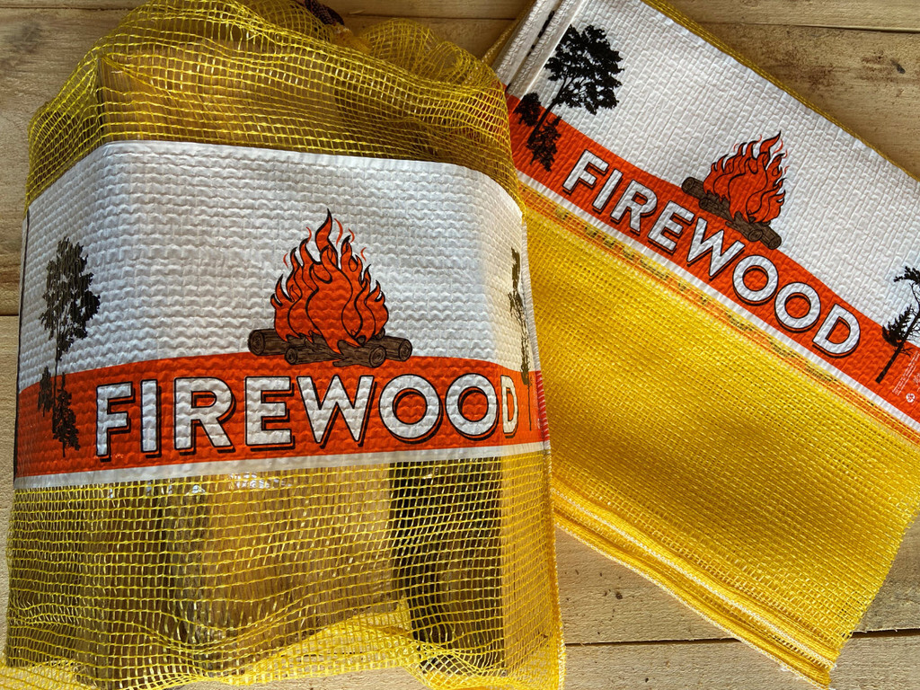 Yellow or Red Mesh Firewood Bags Purple Kindling Bags .75 or 1 Cubic Ft sizes