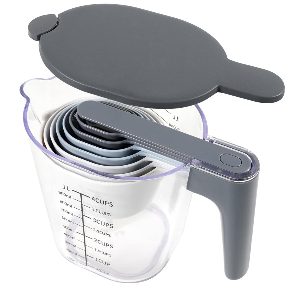 Measuring Cups and Spoons set 10 Pieces, Stackable Measuring Cup with Lid, Ki...