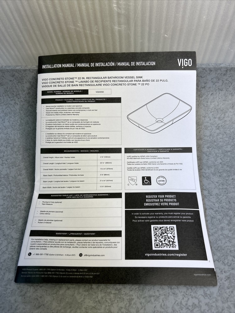 Vigo VG04056 Concreto Stone 14-1/2" Rectangular Concrete Vessel - Grey