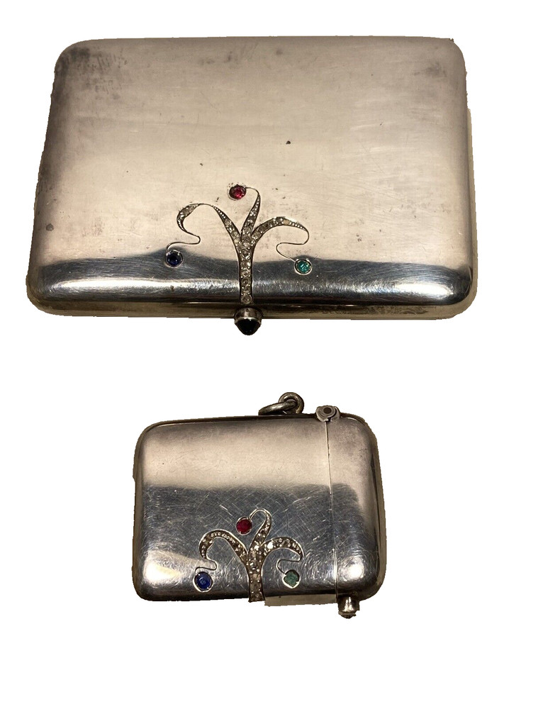 Antique Silver Diamond Emerald Ruby Cigarette Box Case Matchsafe