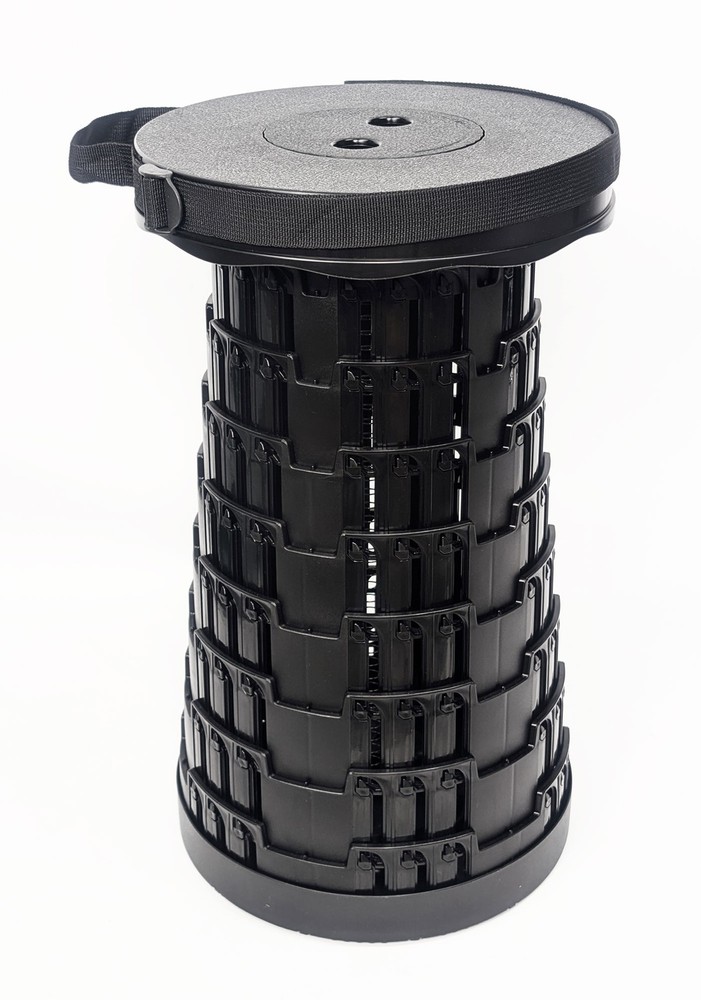 Portable Collapsible Black Stool With Handle, Strap & Storage Safety Lock