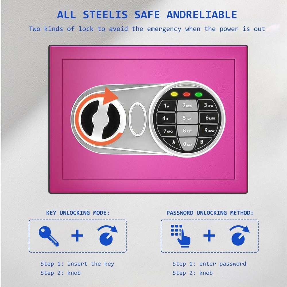 Pink Safe Box with Sensor Light, Electronic Digital Keypad, Steel Constructio...