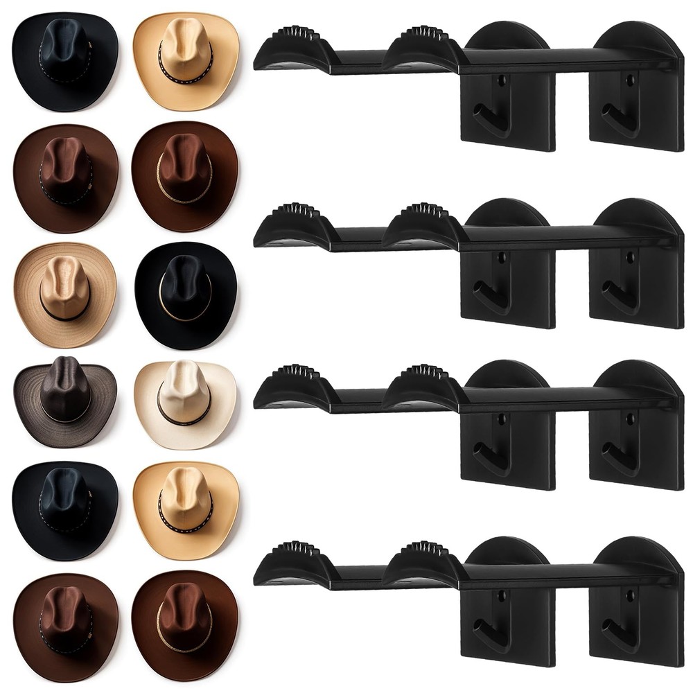 Dntorx 2.9 Inch Hat Hooks for Wall, 8 Pack Cowboy Holder Wide Black