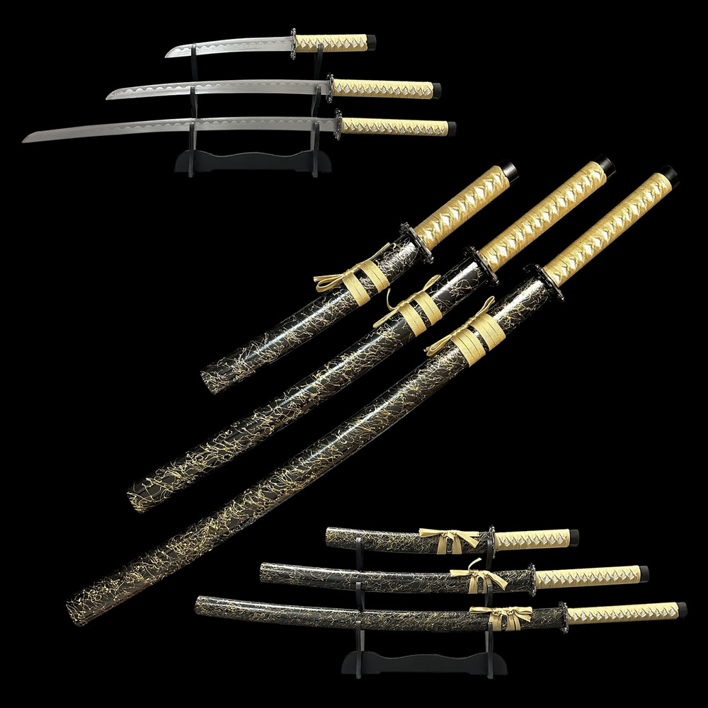 Black Samurai Katana Sword Set 3PCS Japanese Decorative Display Unsharpened