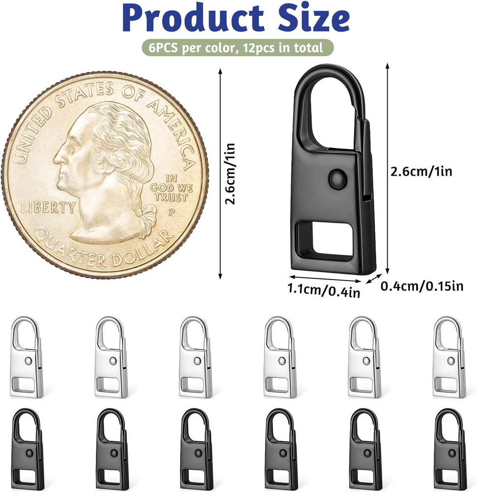 12 PCS Heavy Duty Zipper Pull Replacement for Suitcase Jacket Backpack Black/Sil