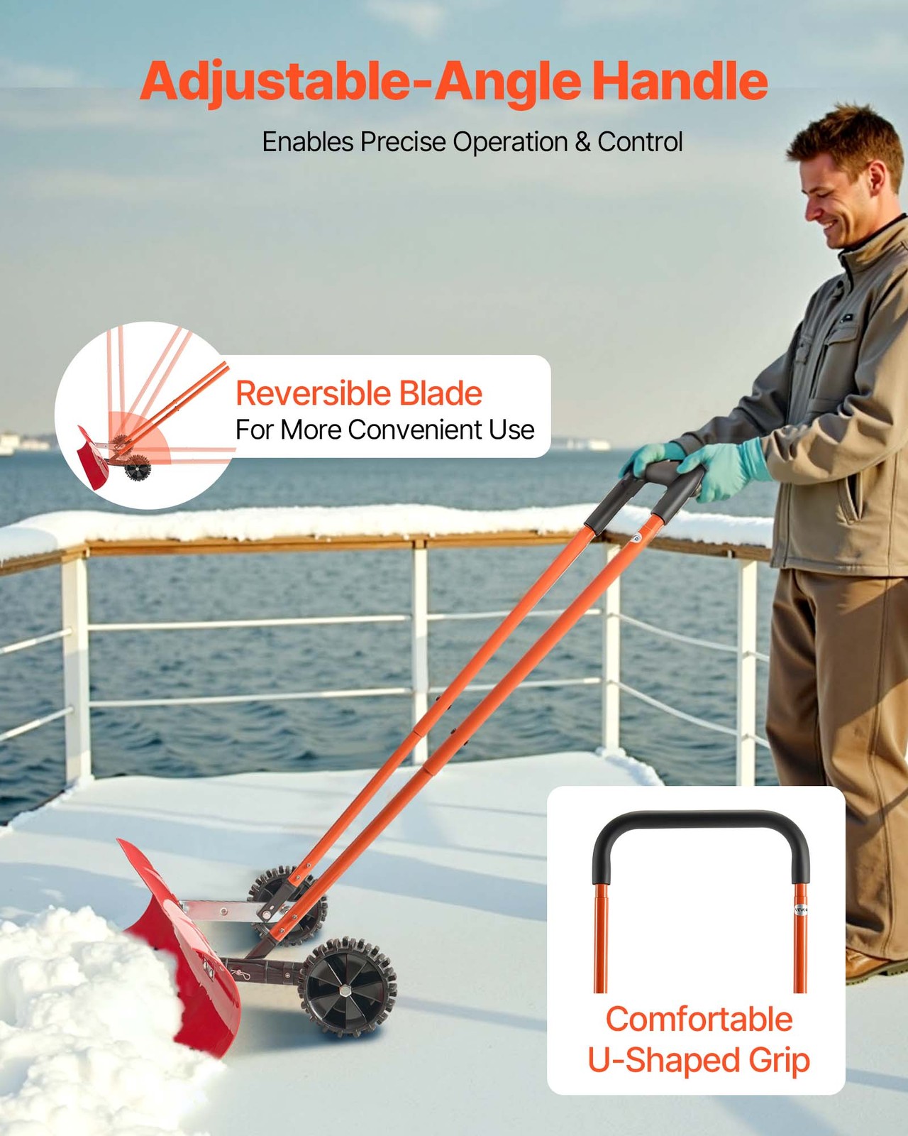 VEVOR Snow Pusher Shovel w/ Wheels 37.8 in Snow Removal Shovel Plow for Driveway