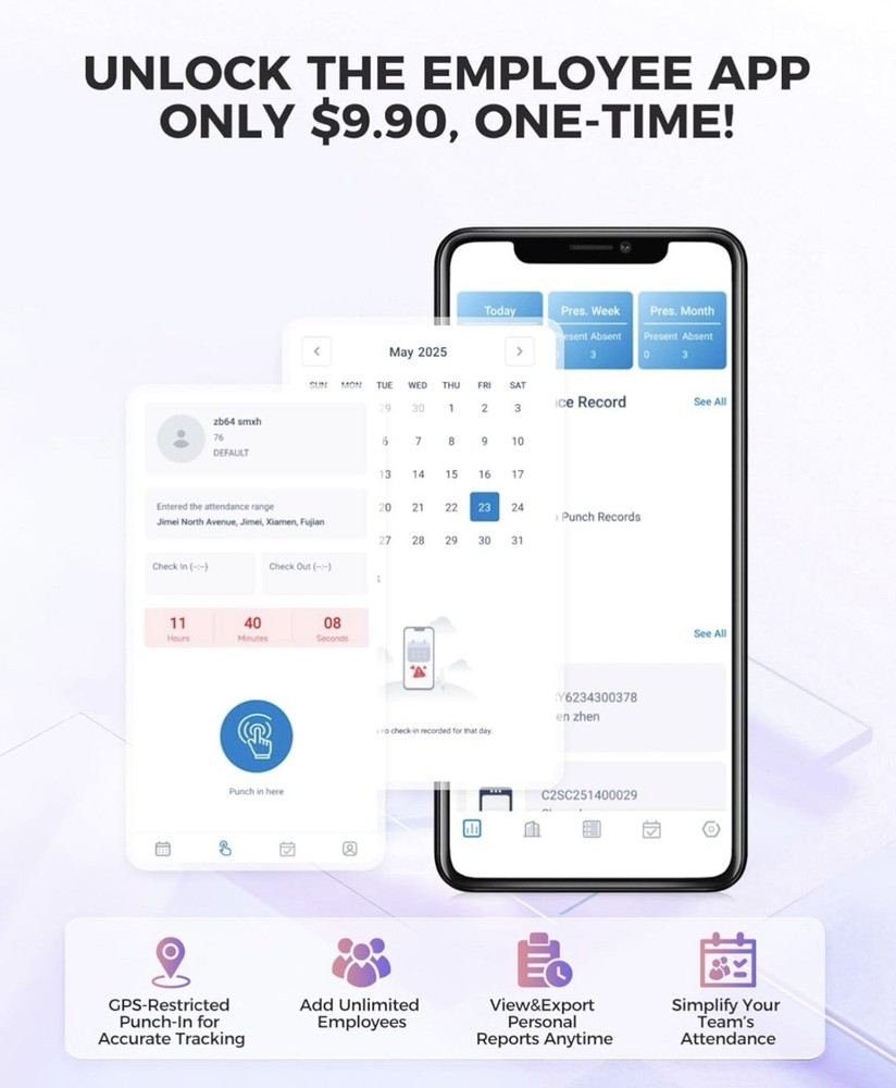 Time Clock Cloud-Based, TC5 Face Recognition iOS Android App No Monthly Fee 2865