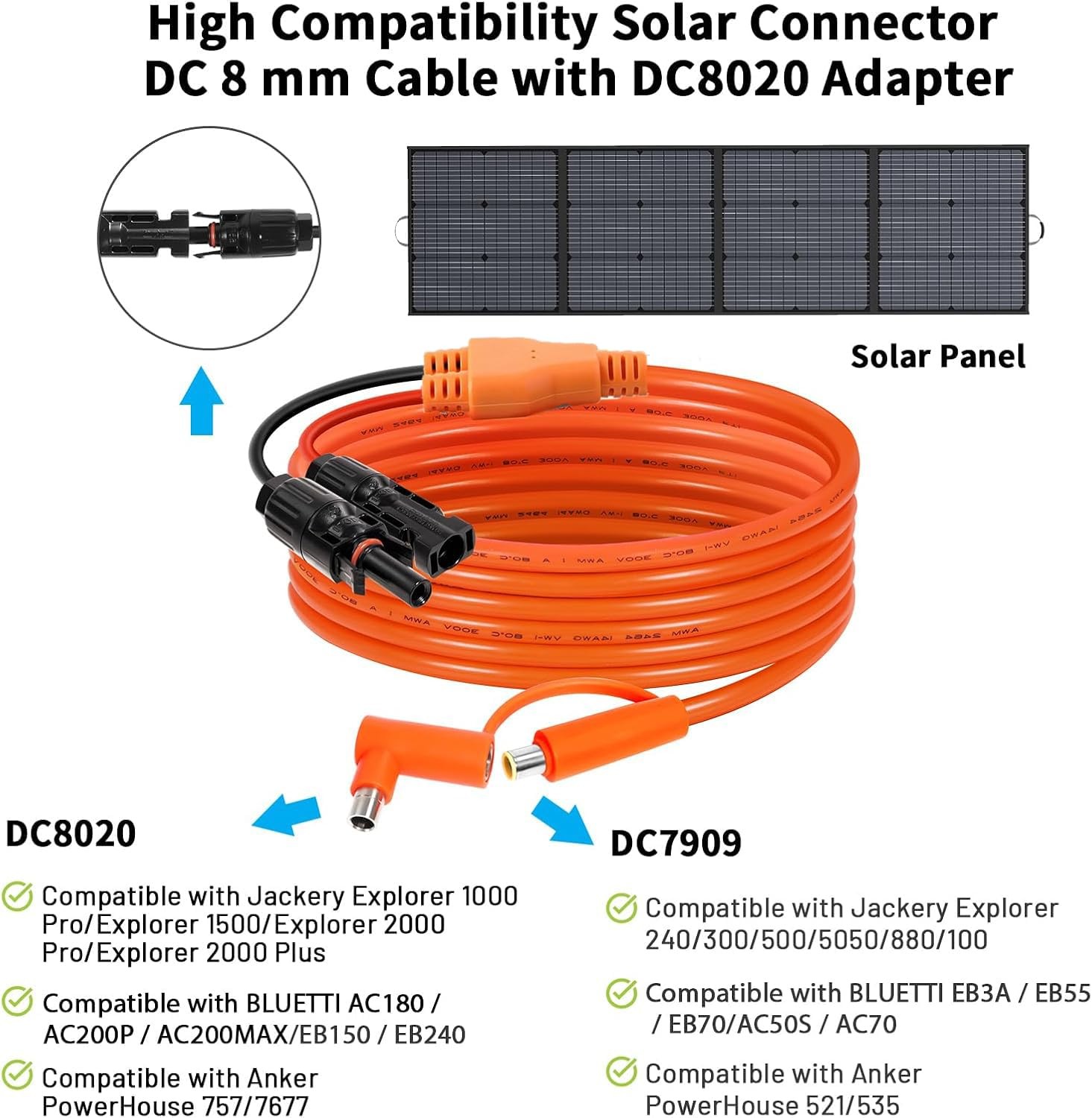 Behaunty Solar Connector to DC 8mm Adapter Cable 25FT, 12AWG + Orange