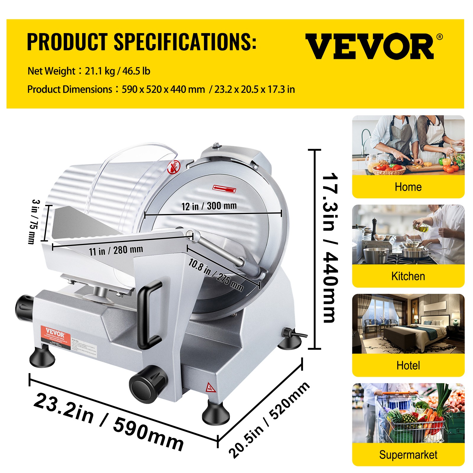 VEVOR Commercial Electric Meat Slicer Deli Food Cutter 12" Blade 320W 350-400RPM