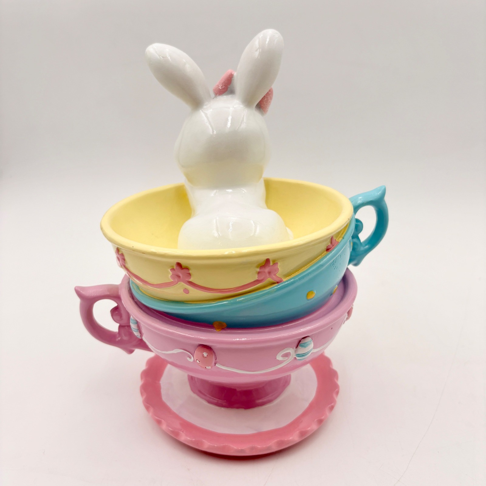 Easter Bunny Rabbit Stack Pastel Teacups Figurine Spring Decor Pink Blue Yellow