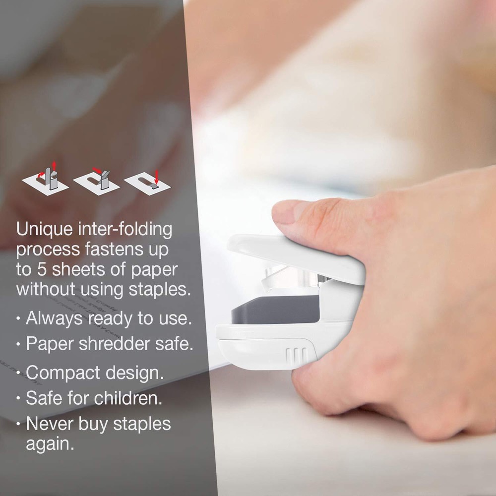 Plus Paper Clinch Compact Staple-Free Stapler Ivory White