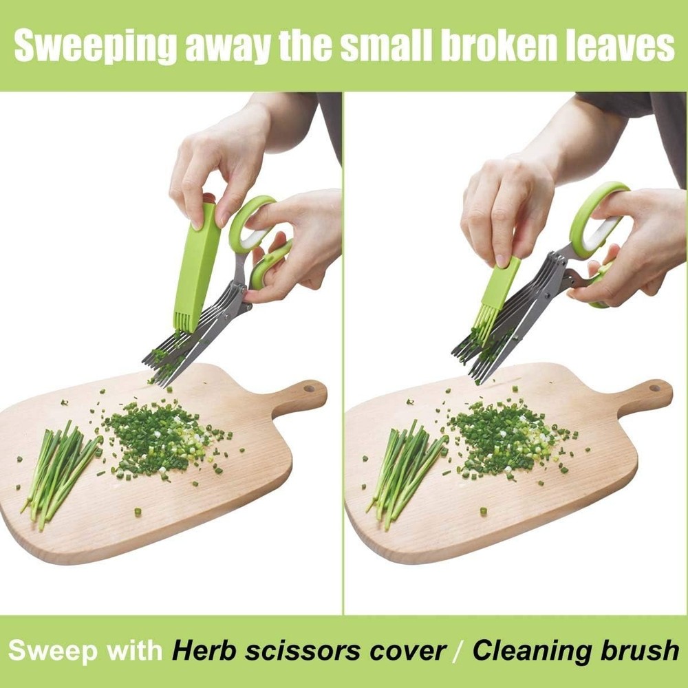 Versatile Kitchen Herb Cutter Scissors with 5 Blades & Cleaning Comb - Green