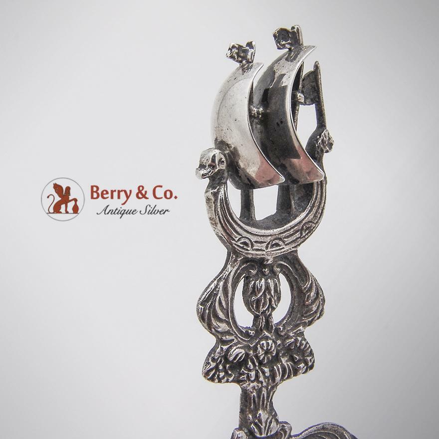 Figural Ship Handled Tea Strainer Dutch Second Standard Silver 1910