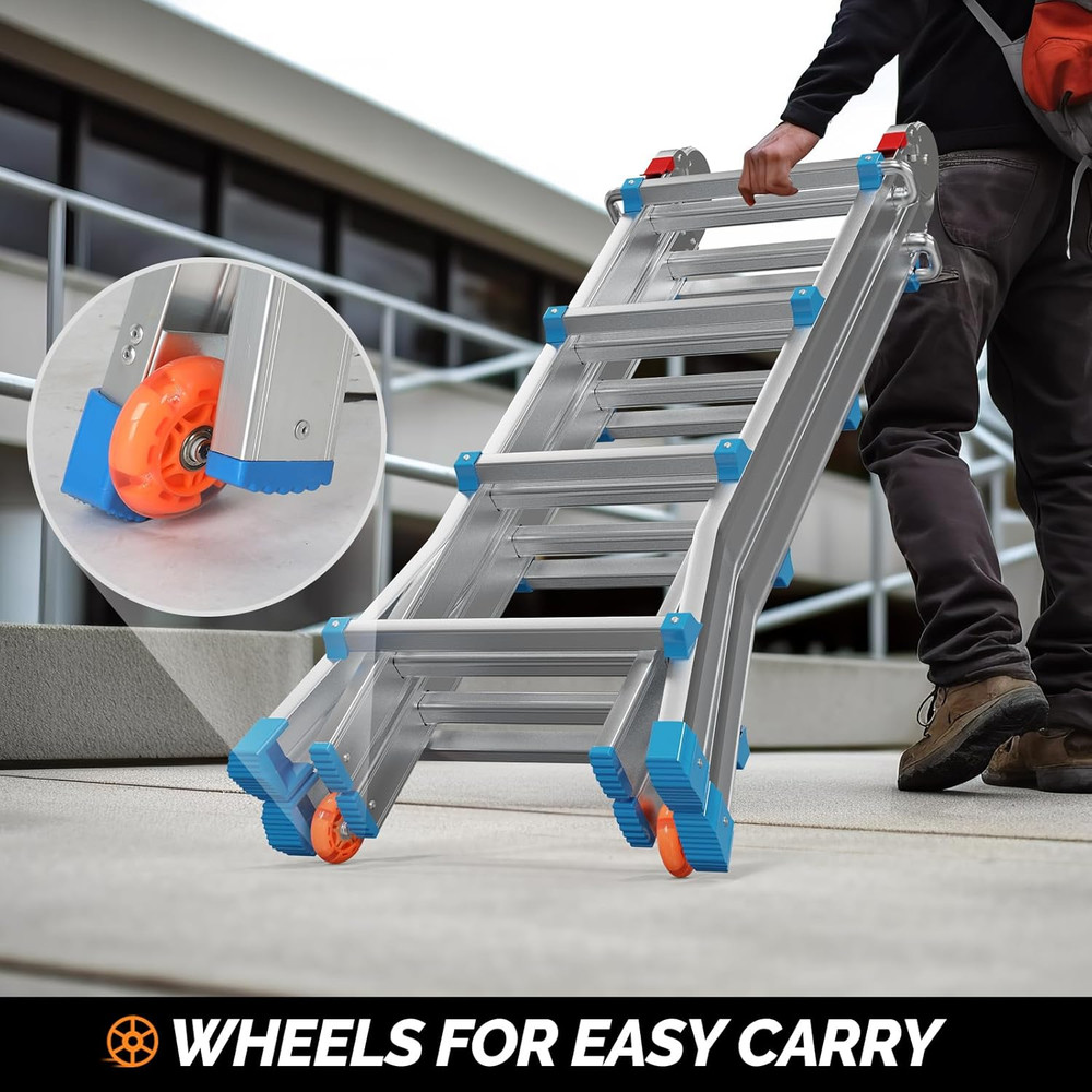 4-Step Telescoping Ladder, 17ft Reach, 330lbs Capacity, Wheels & Flared Legs