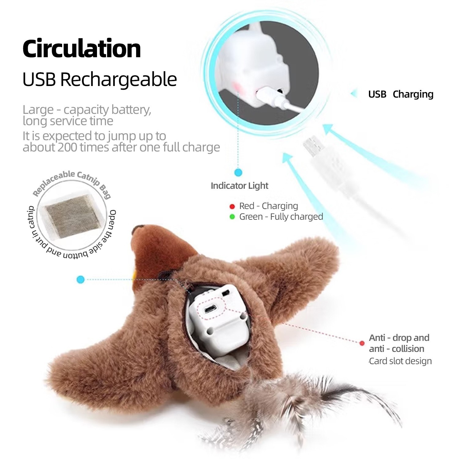 USB Interactive Flying Bird Cat Toys Electronic Pet Simulation Sparrow Toy US