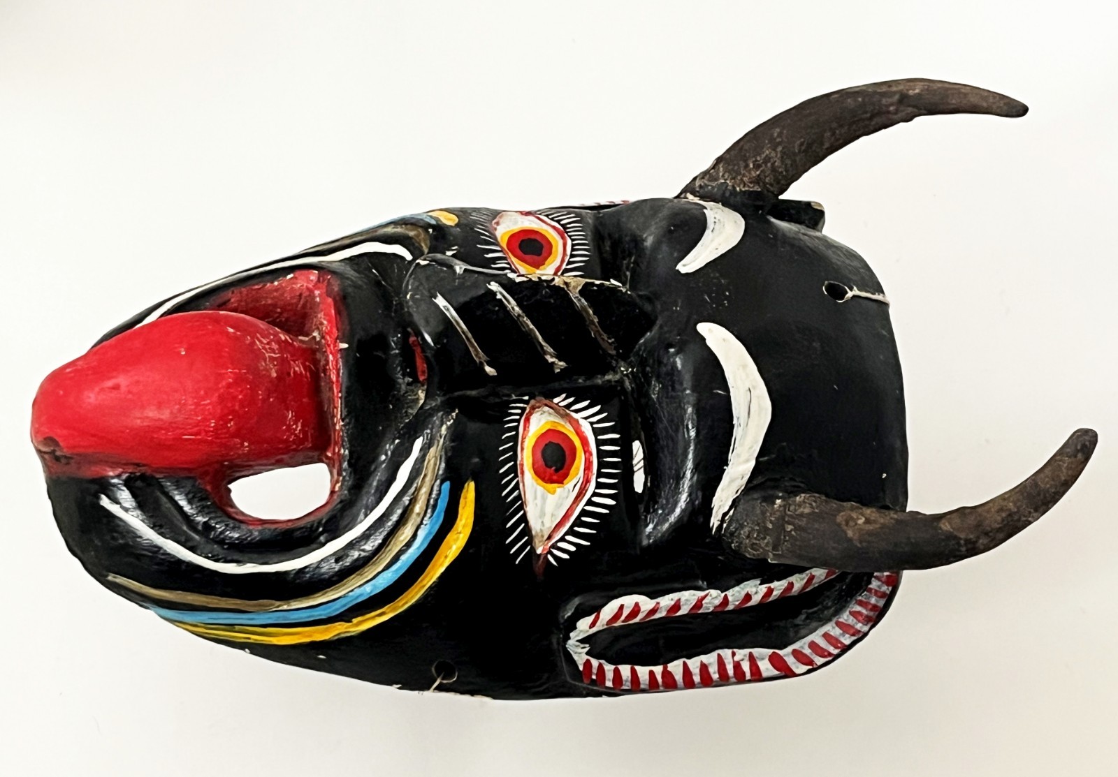 MEXICAN FOLK ART CARVED WOOD BLACK HORNED DIABLO DEVIL DEMON DANCE MASK 14 x 8"