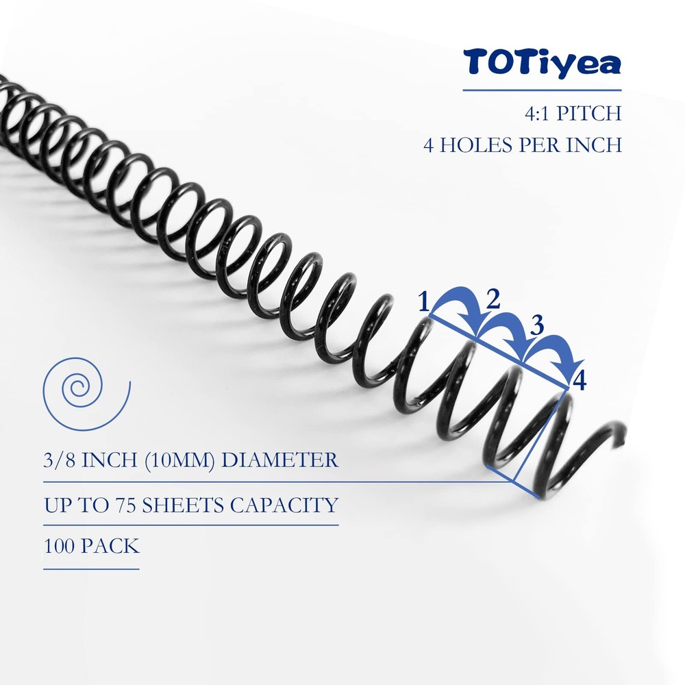 100 Pack Plastic Spiral Binding Coils10mm3/8" Binding Spirals75 Sheet Capacit...