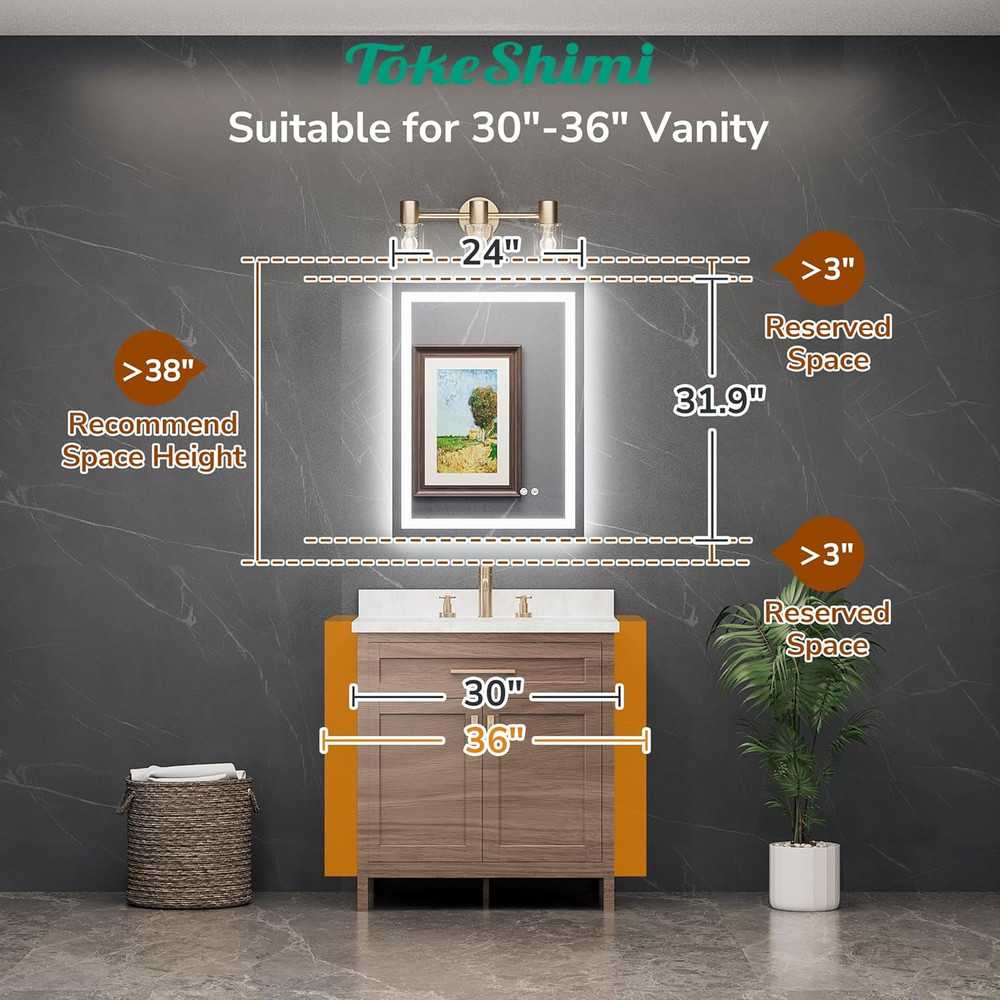 Dimmable 24x32 LED Bathroom Mirror - Backlit, Front Lit & Shatterproof